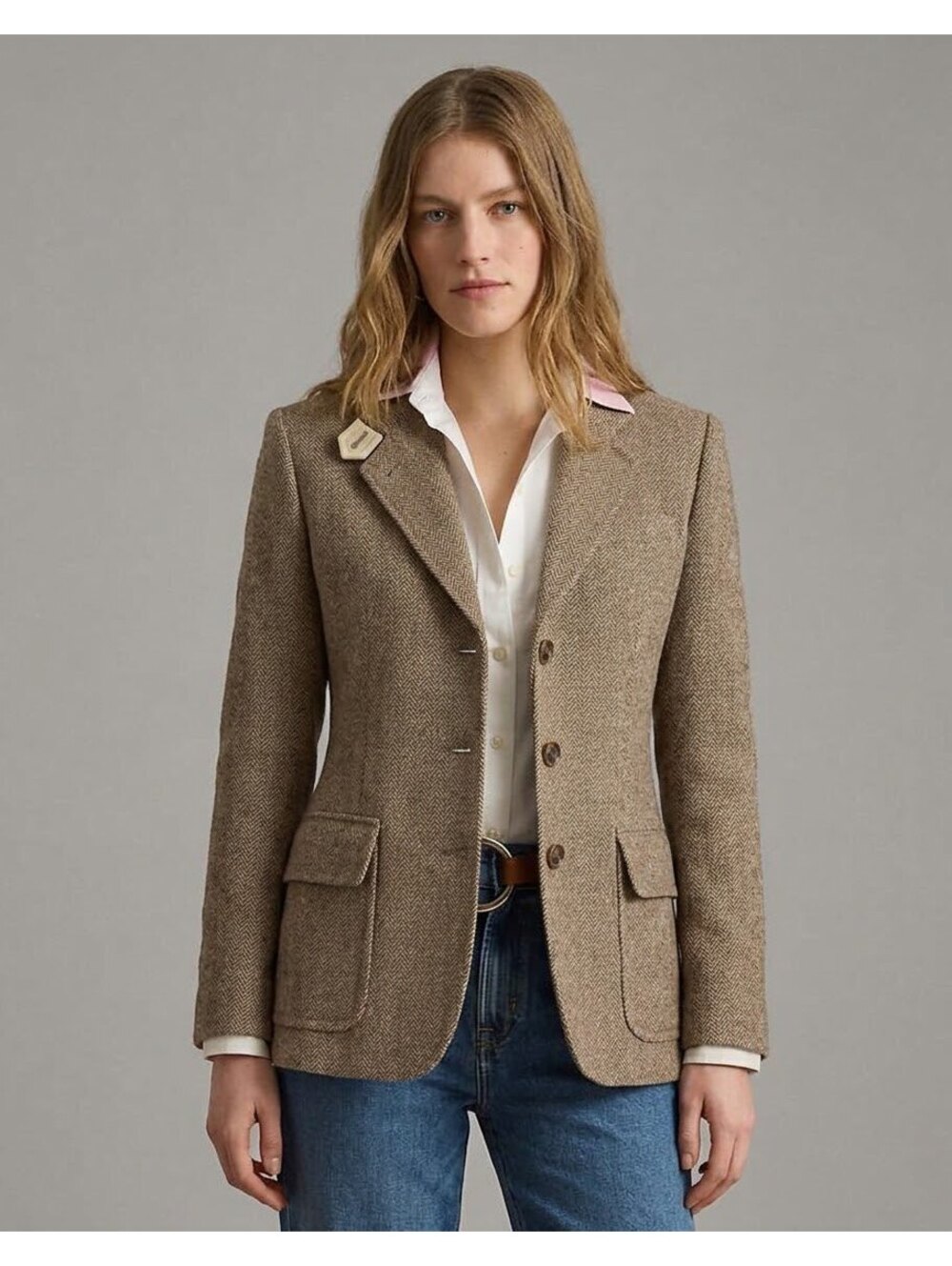 Lauren Ralph Lauren 100% Wool Herringbone Tweed Blazer Suede Patches 2P